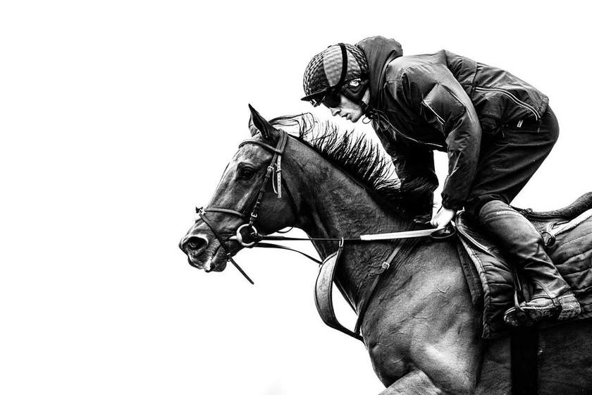 A racehorse and rider in close-up on the gallops, in black and white