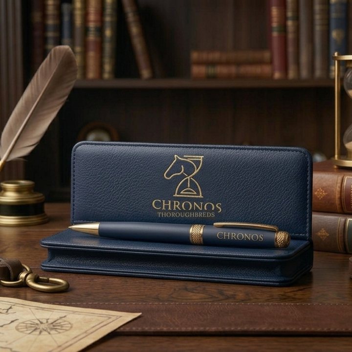 Chronos Thoroughbreds executive pen in its navy leather case