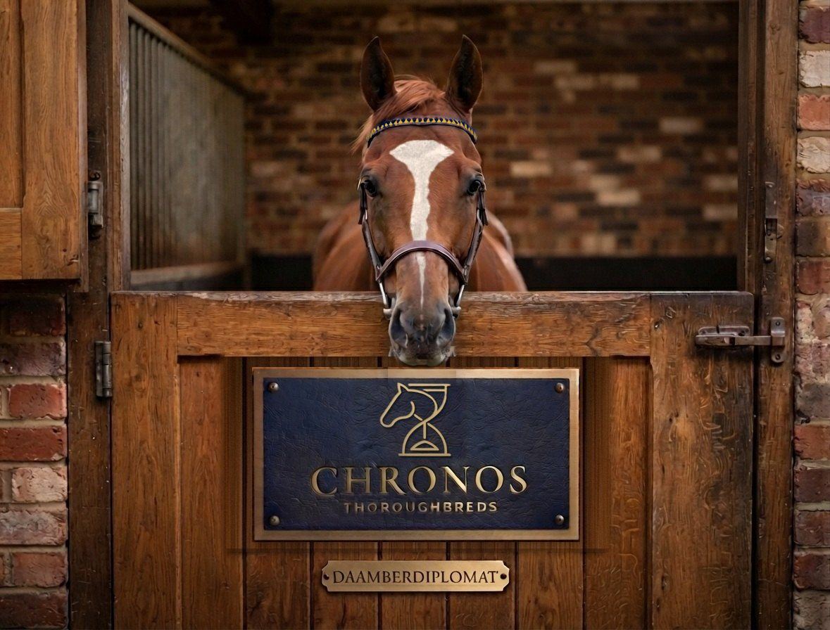 Daamberdiplomat looking over his stable door above the Chronos Thoroughbreds plaque